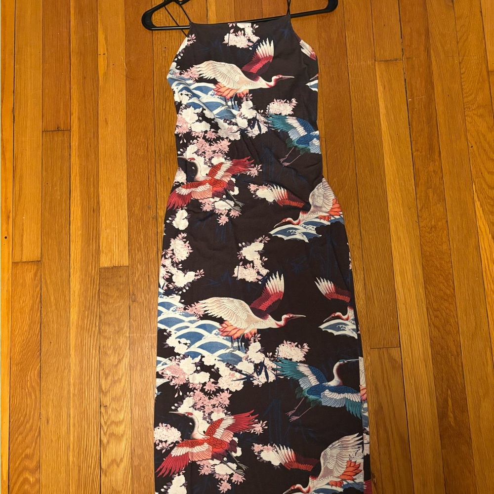High Neck Multicolor Crane Print Dress with Low Back and Cross Straps - ASOS - 8